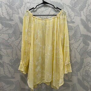 Liv Los Angelos Pale Yellow XL Long Sleeve Blouse with White Embroidery